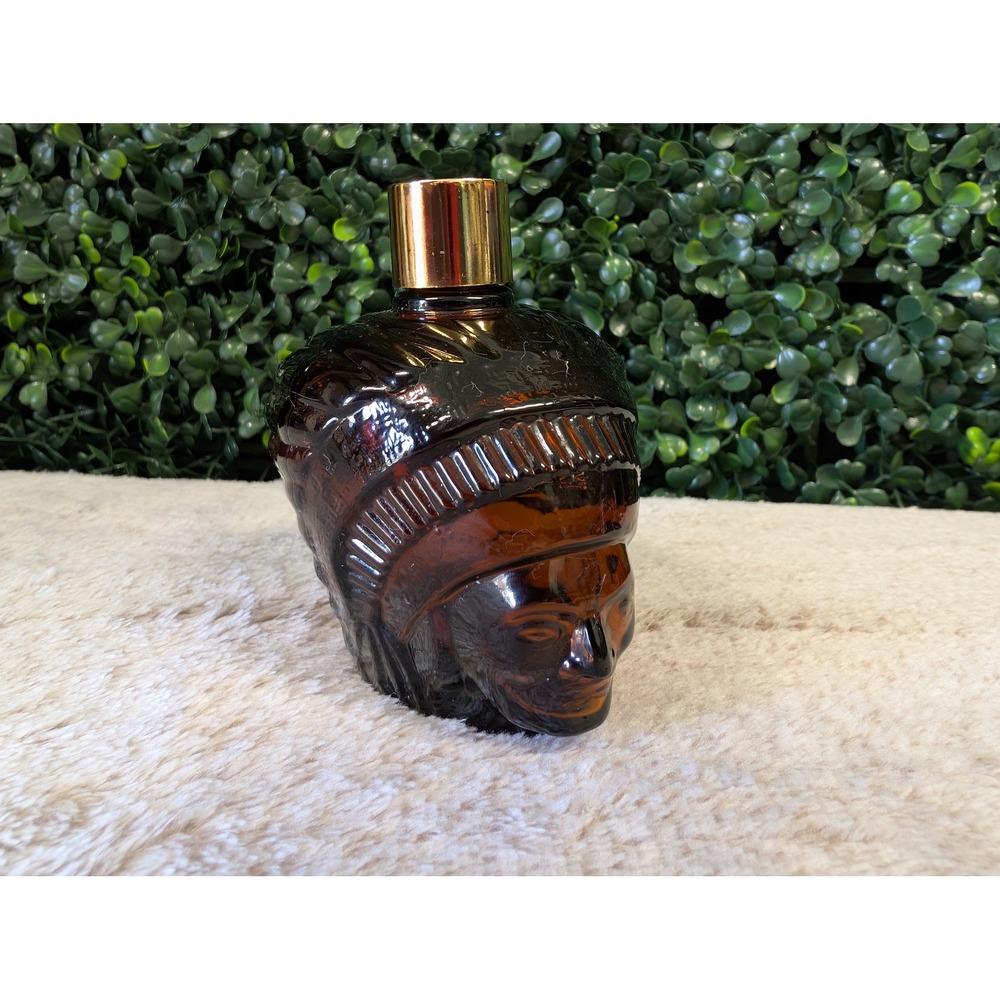 Vintage Avon Spicy After Shave Indian Head Amber Glass Decanter 4oz Empty Bottle
